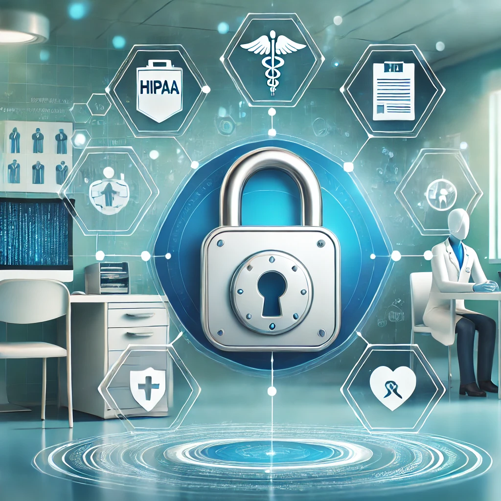 A professional and informative image representing HIPAA compliance in healthcare. The image features a secure digital lock symbolizing data protection, with a healthcare setting in the background. Include icons representing administrative, physical, and technical safeguards, such as a shield, a computer with a lock, and a medical office. The overall color scheme should be calming and professional, with blues and greens. The image should convey a sense of security, trust, and compliance, suitable for a healthcare blog or website.